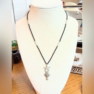 Vintage Etched Silver Tone Pendant Necklace Black Beaded Chain Tribal Style